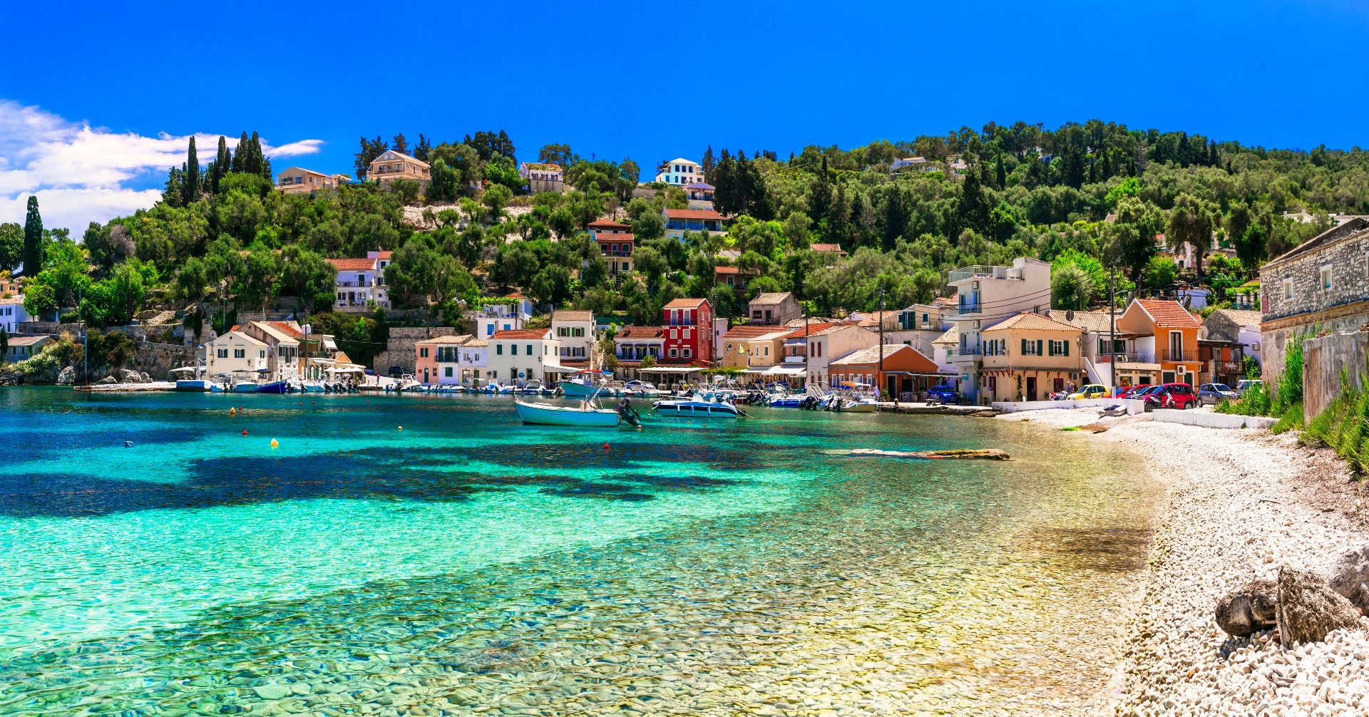The Authentic tranquil Paxos island. Loggos fishing village. Ionian islands of Greece