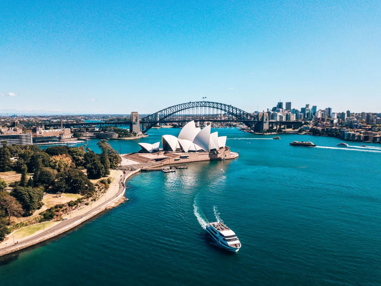 Sydney, Australia. Landscape aerial view of Sydney Opera house near Sydney business center around the harbour