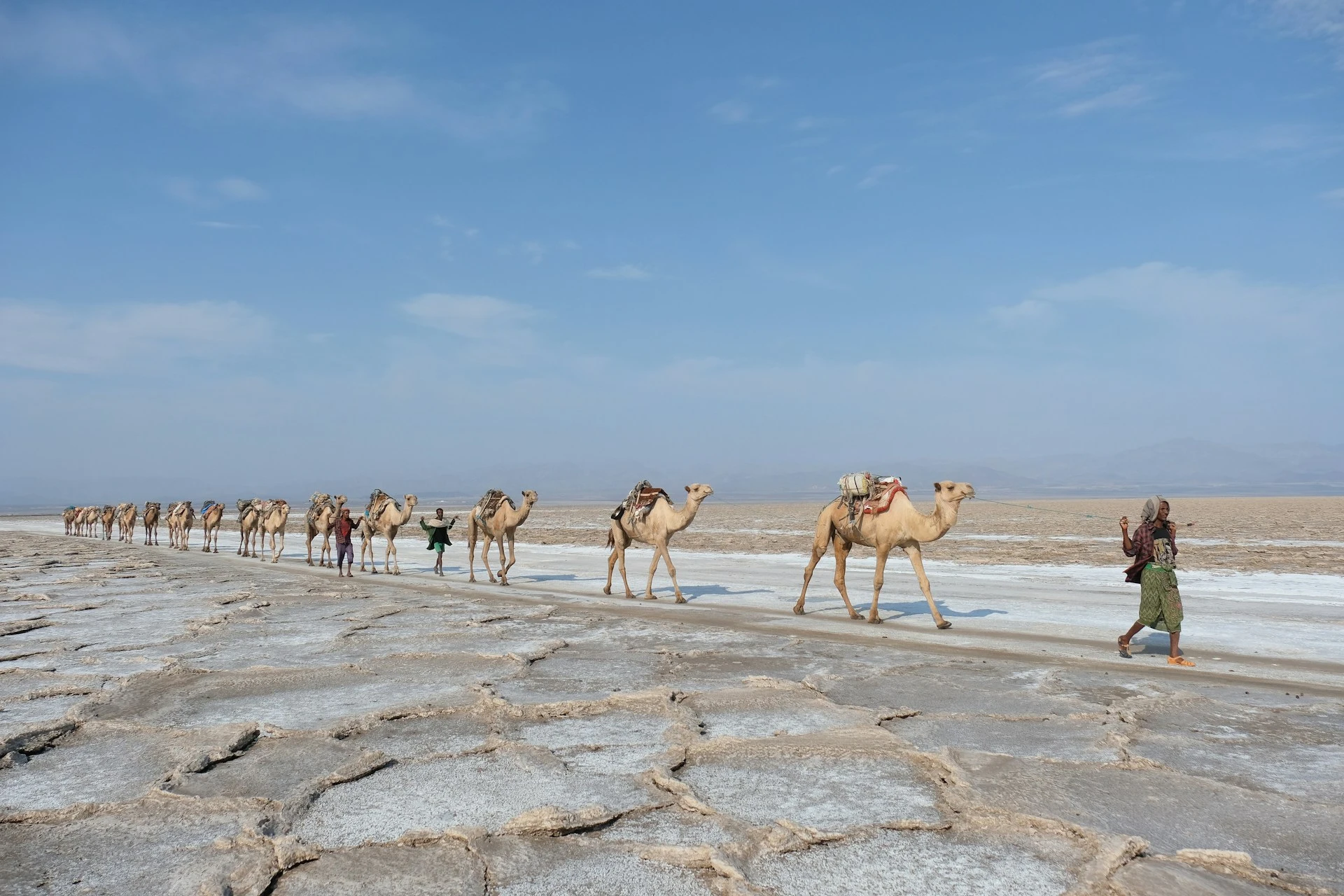 Cracked salt flat in the Danakil Desert under a clear blue sky