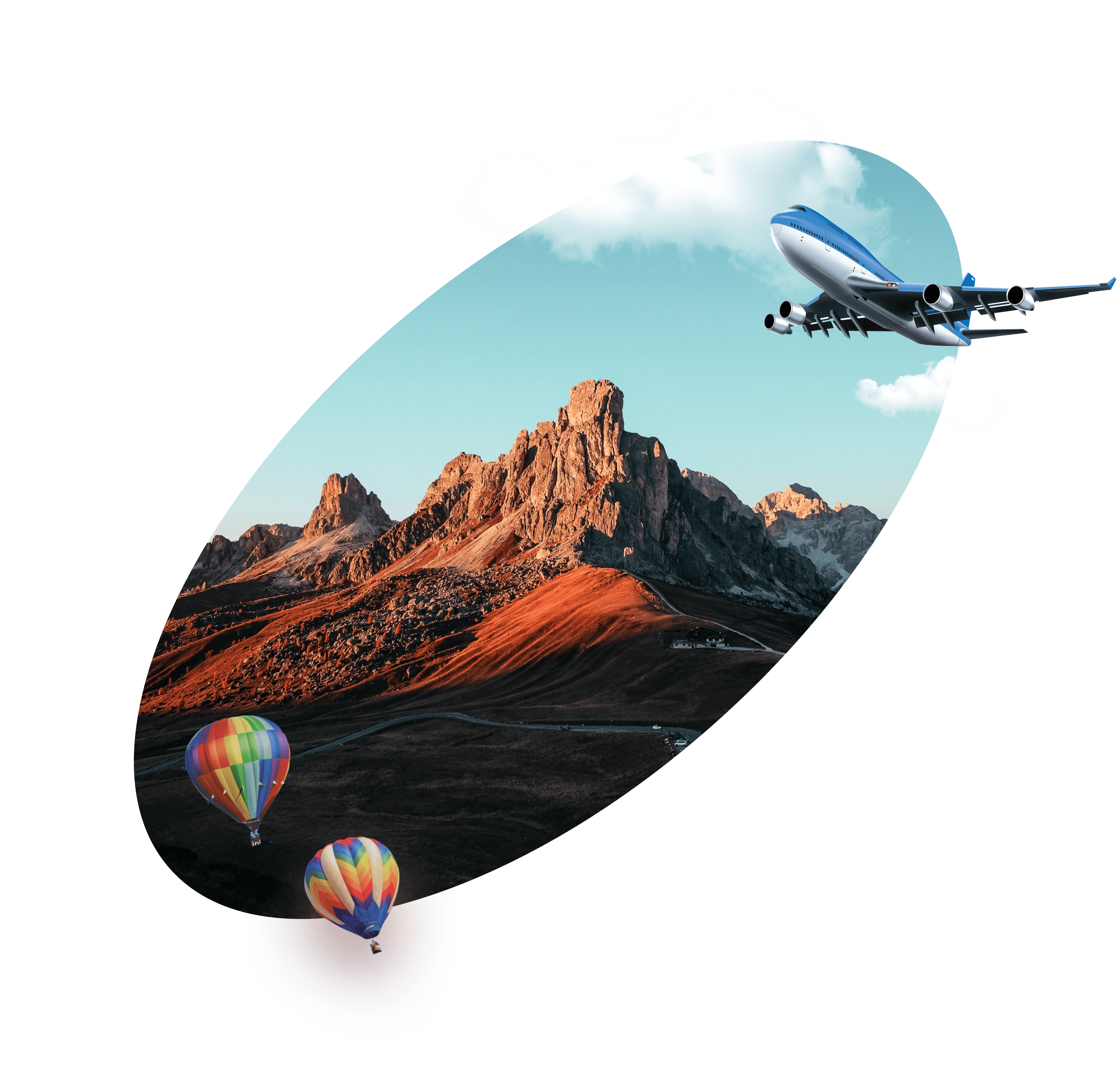 Mountainous landscape with two colorful hot air balloons floating below for the About Us page on LABUSA Travel.