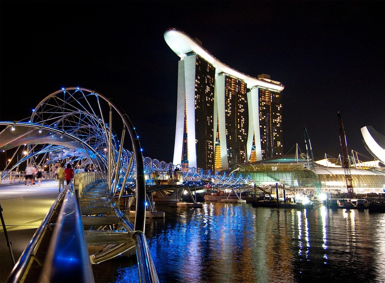 Marina Bay Sands resort and the Helix Bridge in Singapore for a destination guide