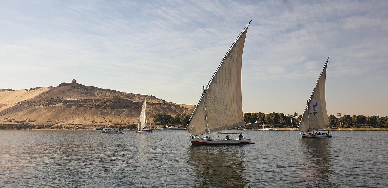 A scenic view along the Nile River in Egypt, the ancient waterway central to Egyptian civilization and heritage travel