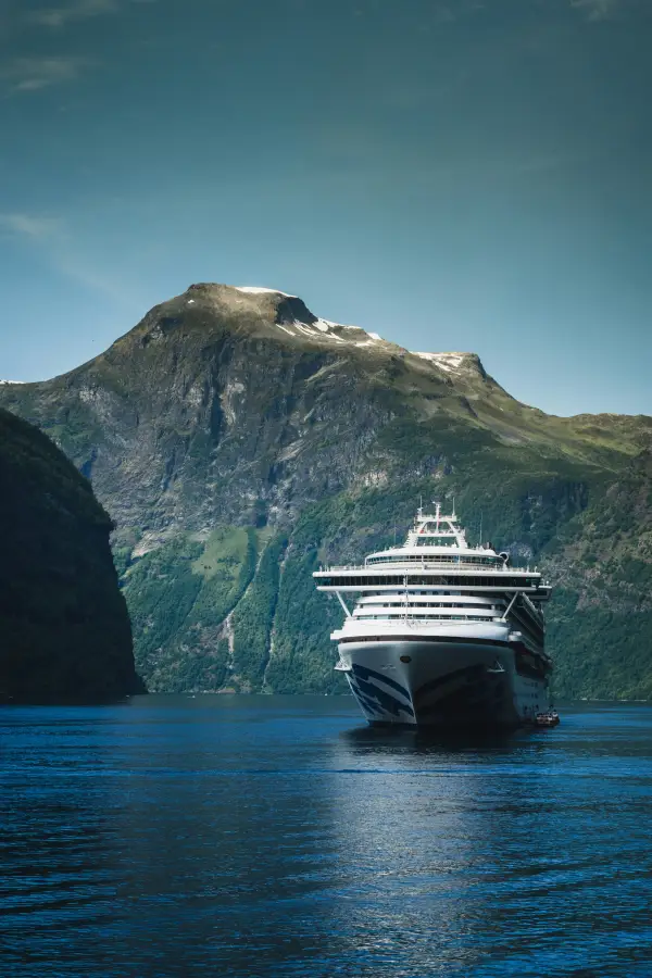Princess Cruises ship sailing through a dramatic Norwegian fjord with steep green mountains and snow-capped peaks in the b...