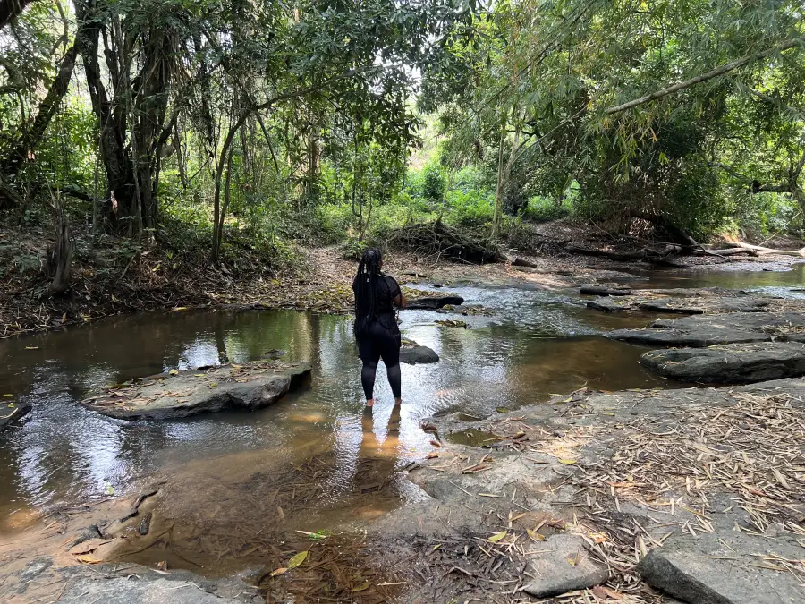 Woman in black wading barefoot through a shallow jungle stream on rocky terrain during EAT MEA 2024 nature excursion.