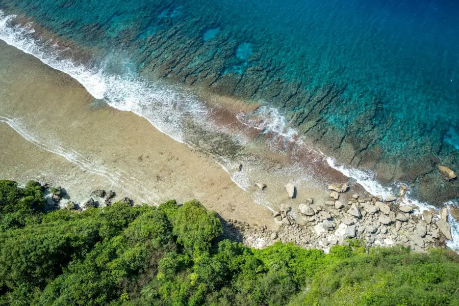 Aerial view of a turquoise Pacific coastline with coral reef; sandy beach; and lush green forest.