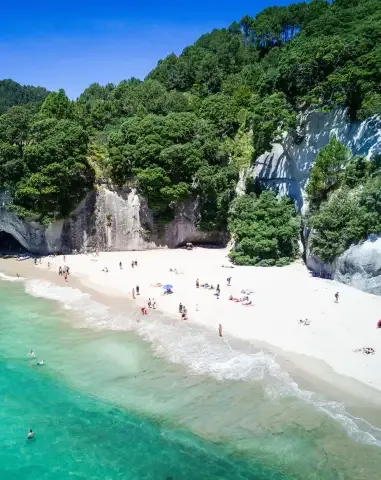Arial view of Cathedral cove in Coromandel Peninsula, New Zealand