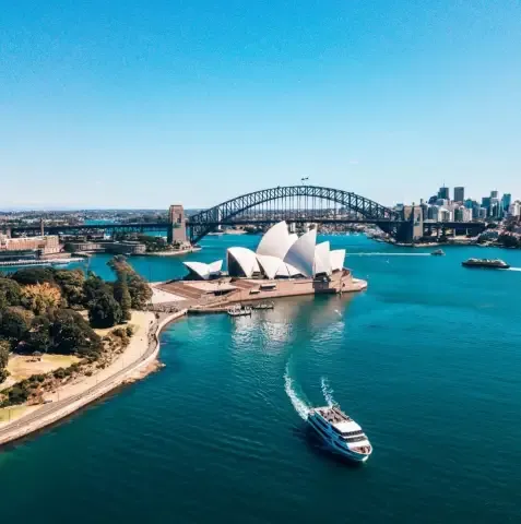 Sydney, Australia. Landscape aerial view of Sydney Opera house near Sydney business center around the harbour