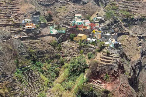 The terraced village of Fontainhas on a ridge above cultivated valleys on Santo Antão, Cape Verde.