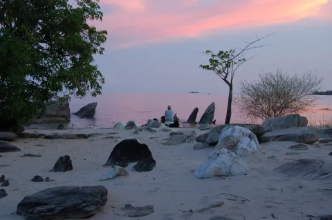 Boulders and a bare tree on the shore of Lake Malawi at dusk, figures silhouetted against a pink and gray sky.