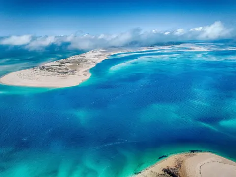Sandbars and turquoise channels around Benguerra Island in the Bazaruto Archipelago, seen from the air.