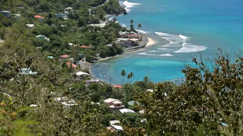 Colored rooftops and palms above the reef break at Cane Garden Bay on Tortola.