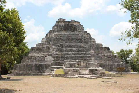 The stepped pyramid of Temple I on the Gran Basamento at Chacchoben.
