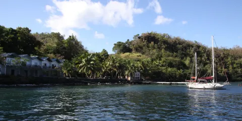 A yacht at anchor below the palms and green hillsides of Wallilabou Bay in Saint Vincent.