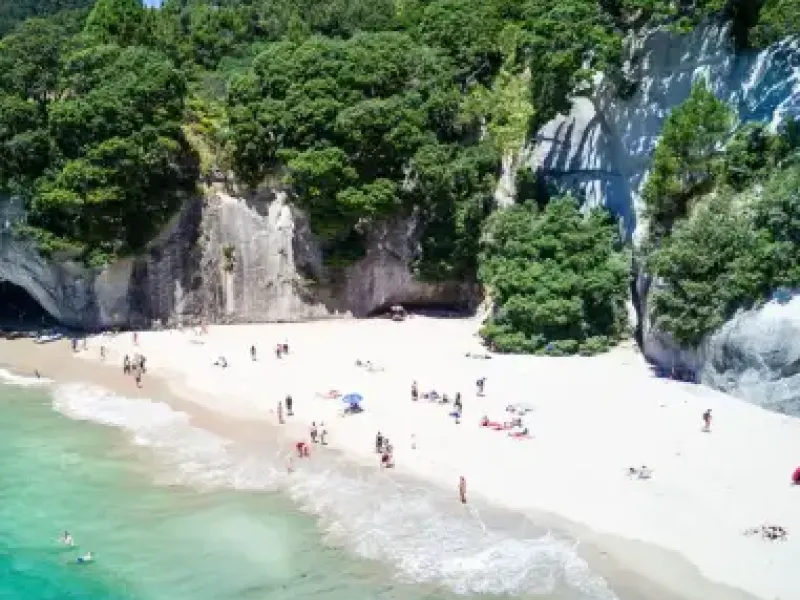 Arial view of Cathedral cove in Coromandel Peninsula, New Zealand