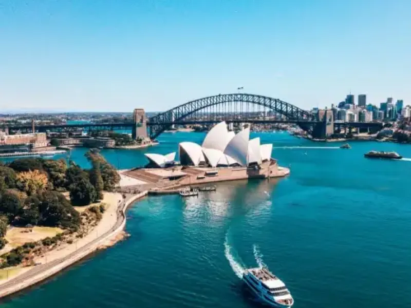 Sydney, Australia. Landscape aerial view of Sydney Opera house near Sydney business center around the harbor
