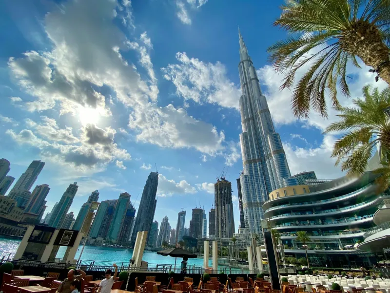 Dubai high-rise towers rising behind palm trees on a bright day.