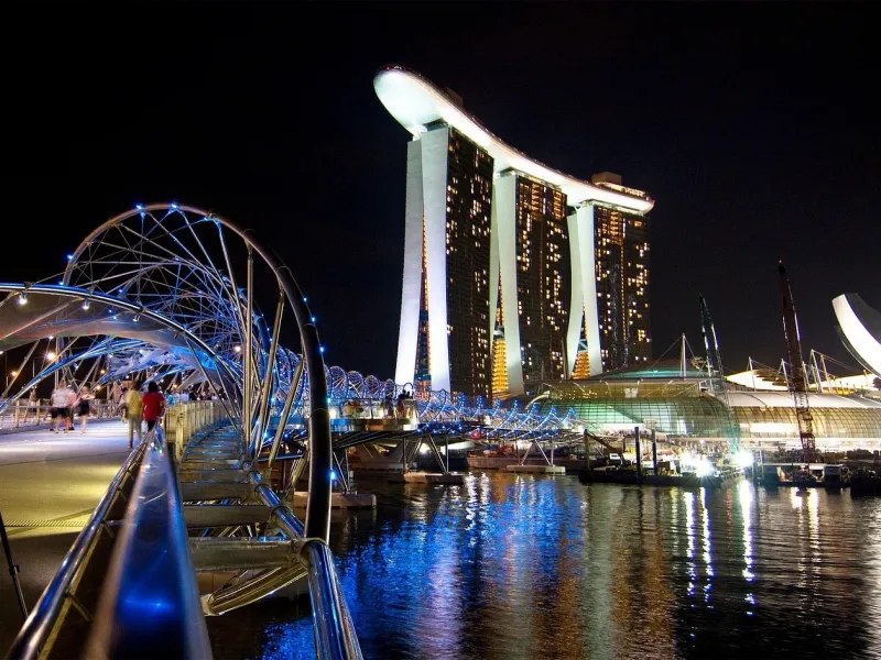 Marina Bay Sands resort and the Helix Bridge in Singapore for a destination guide