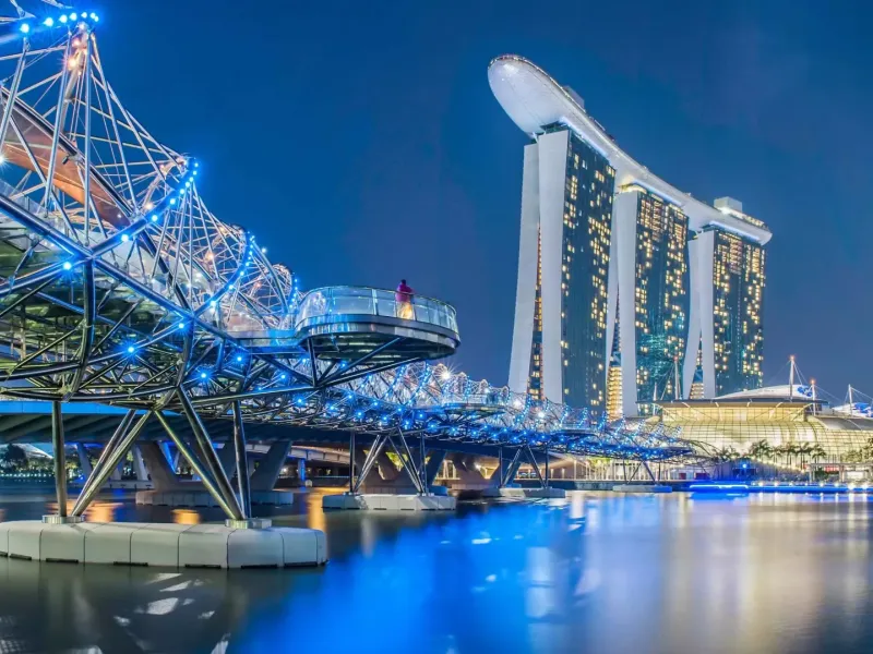 Singapore landmarks at night for a destination guide