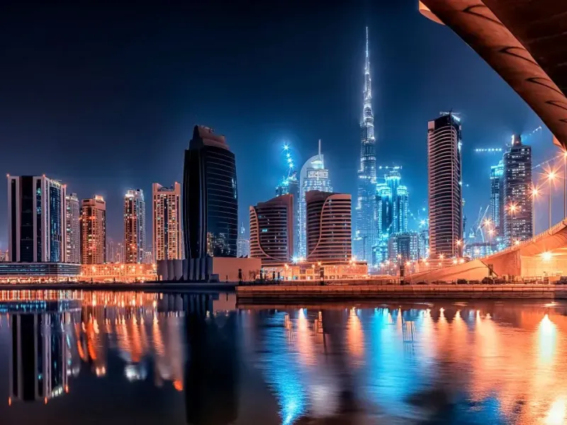 Skyline of Dubai at night for a destination guide