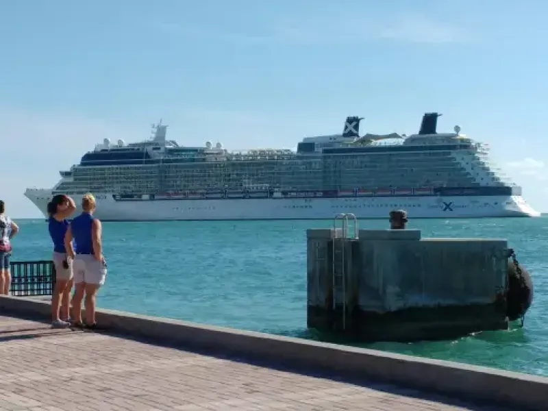 Travelers on a waterfront promenade watch a Celebrity Cruises ship passing through turquoise waters on a clear day.