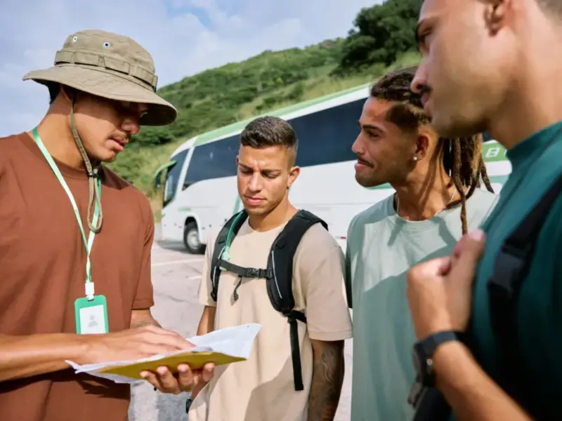 Travel support coordinator reviews documents with three travelers beside a coach bus during a group departure.