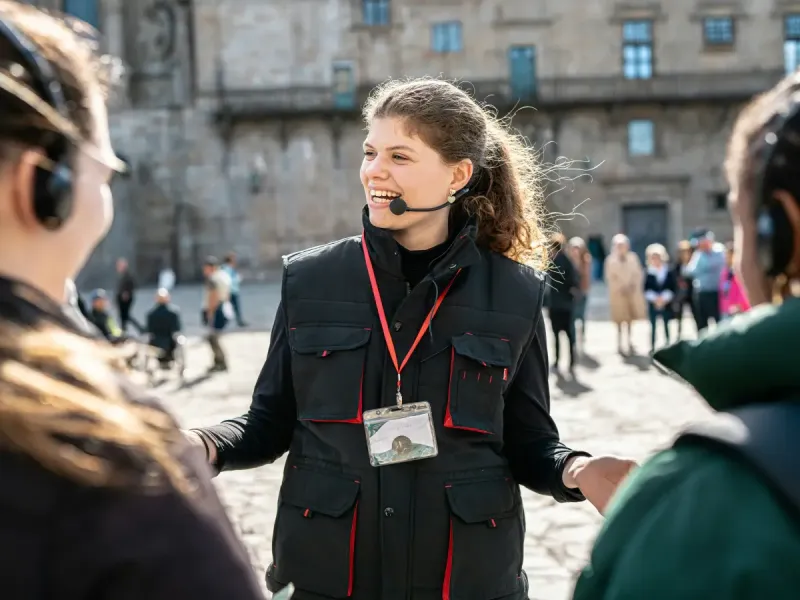 A smiling tour guide wearing a headset microphone and ID badge talks to two travelers wearing audio receivers in a sunlit stone plaza.
