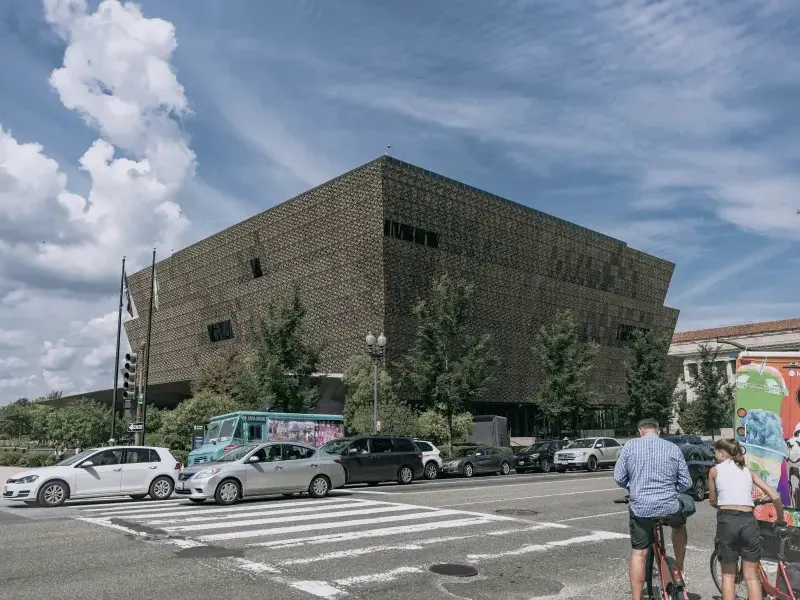 The National Museum of African American History and Culture's bronze latticed building on the Washington DC National Mall