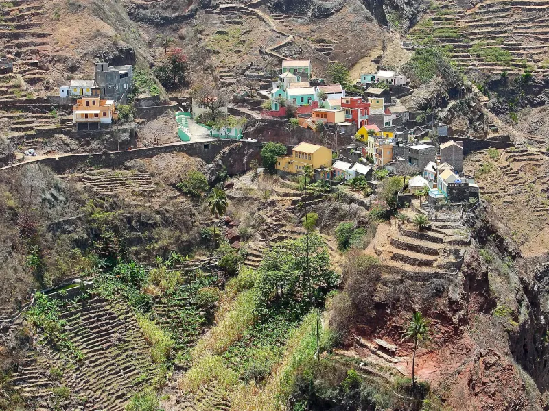 The terraced village of Fontainhas on a ridge above cultivated valleys on Santo Antão, Cape Verde.