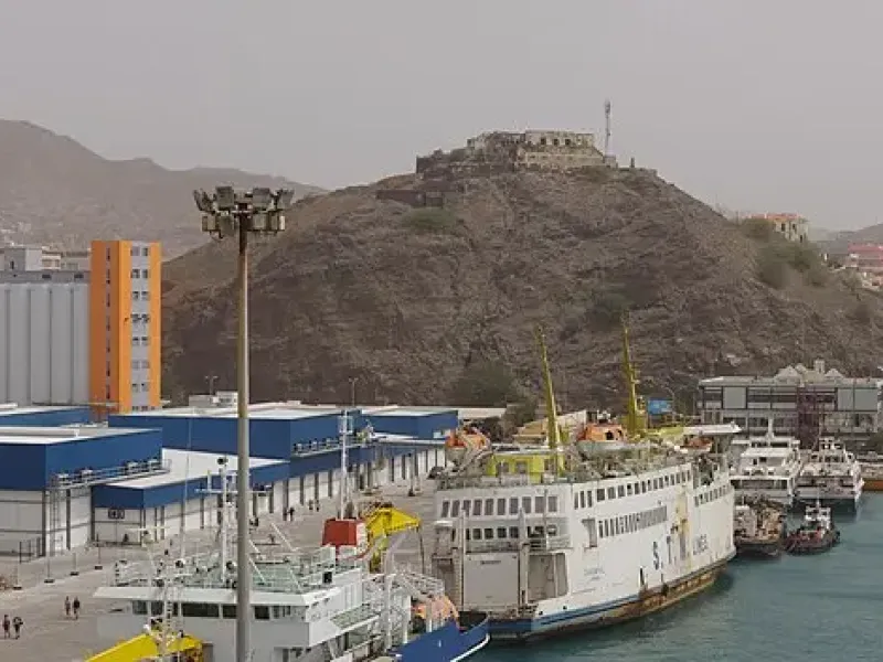 The harbor at Mindelo on São Vicente, with the inter-island ferry, container quay and the city behind.