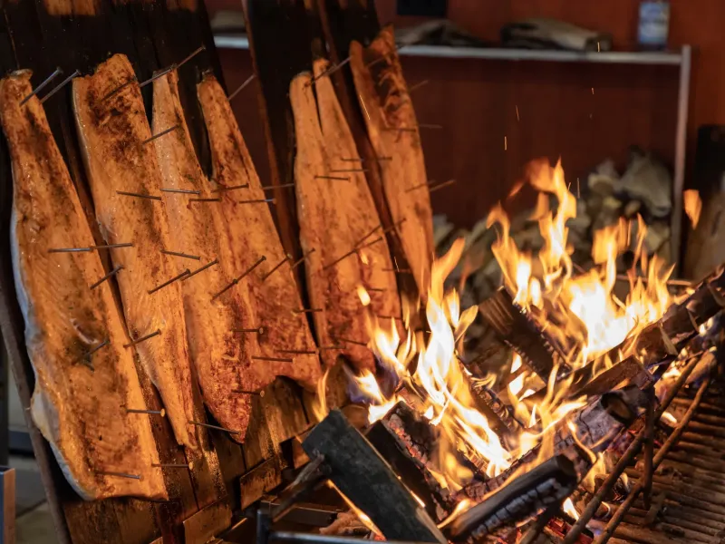 Sides of salmon nailed to wooden planks and set around an open fire to cook at a German market stall.