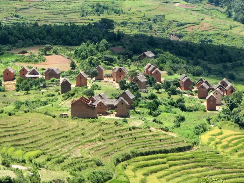 Brick houses on a green hillside above terraced rice paddies in the central highlands of Madagascar.