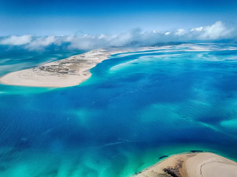 Sandbars and turquoise channels around Benguerra Island in the Bazaruto Archipelago, seen from the air.