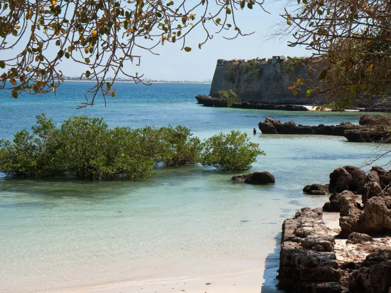 The stone bastion of São Sebastião Fortress on the Island of Mozambique, seen across mangrove shallows and exposed reef.