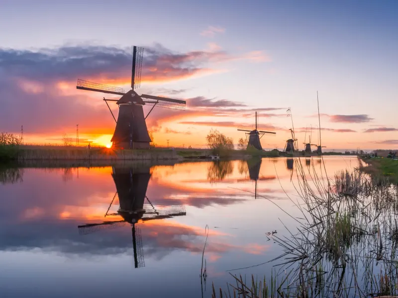 A line of drainage windmills at Kinderdijk receding into the distance along a dyke, mirrored in still water at sunrise.