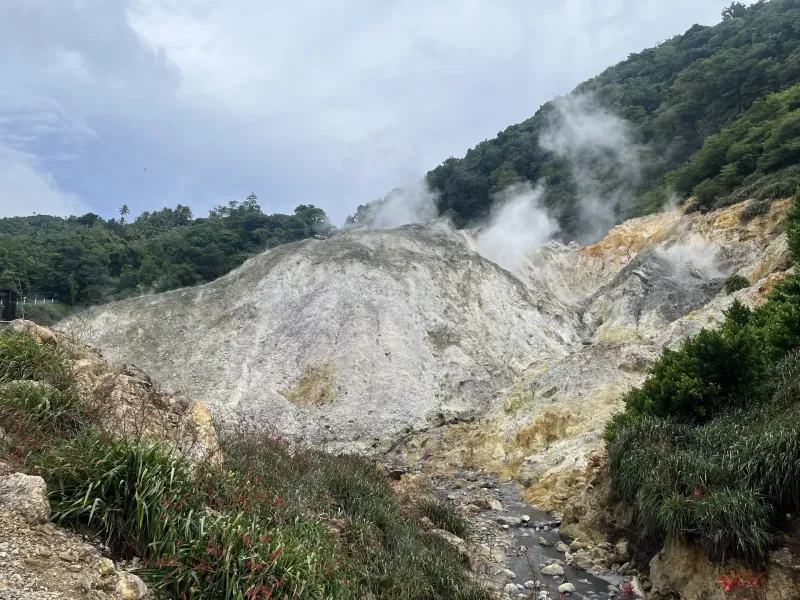 Steam rising from the bleached sulfur terrain of the drive-in volcano at Soufriere, Saint Lucia, rainforest behind.