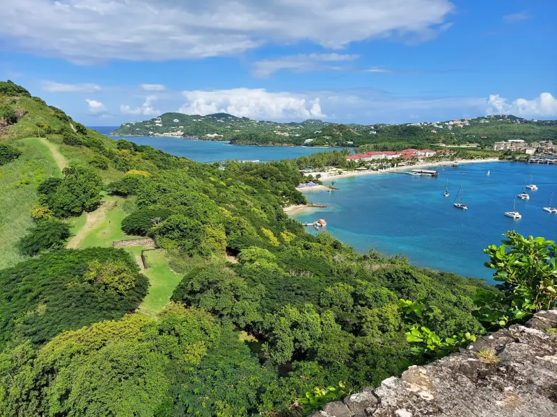 Rodney Bay and the coast seen from Fort Rodney on Pigeon Island in Saint Lucia.