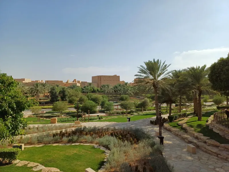 The mud-brick walls of the At-Turaif district at ad-Dir'iyah, Saudi Arabia, beyond the palms of the Wadi Hanifah gardens.