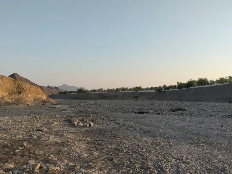 The dry boulder bed and scrub of the lower course of Wadi Wurayah, enclosed by bare mountain slopes
