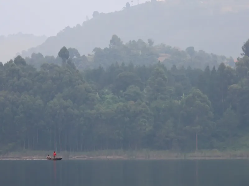 Terraced hills falling to the still water of Lake Bunyonyi in southwest Uganda, with a small boat on the lake.