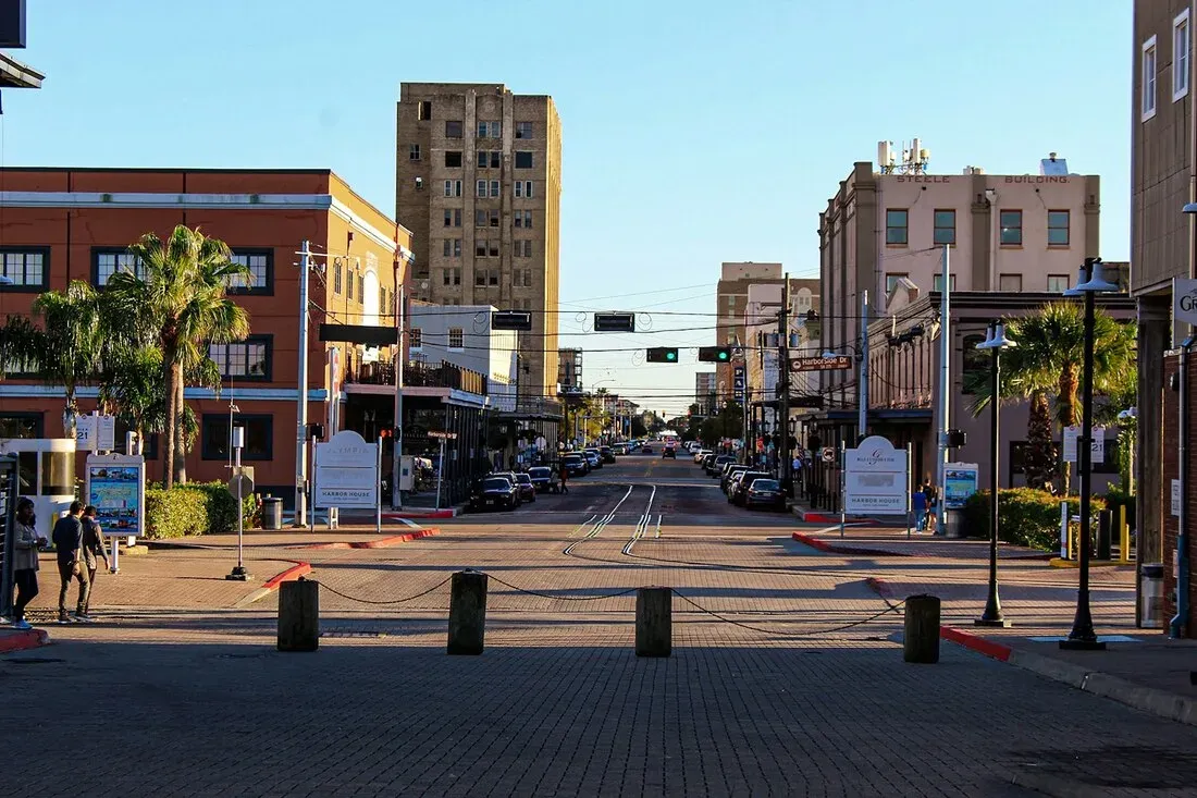 A brick-paved street in historic downtown Galveston lined with palm trees and older commercial buildings.