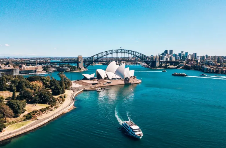 Sydney, Australia. Landscape aerial view of Sydney Opera house near Sydney business center around the harbour