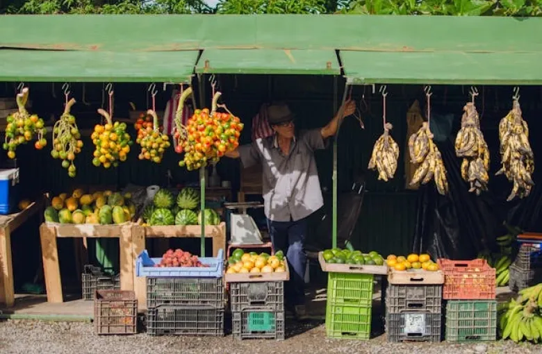 A produce stall at a Costa Rican market, hung with bananas and stacked with fruit.