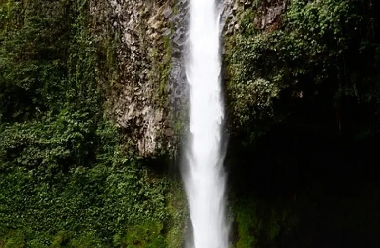 A tall waterfall dropping into dense rainforest in Costa Rica.