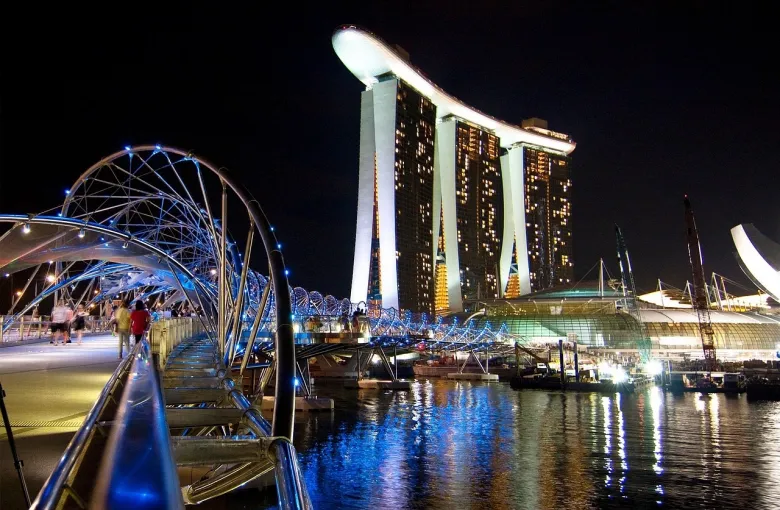 Marina Bay Sands resort and the Helix Bridge in Singapore for a destination guide
