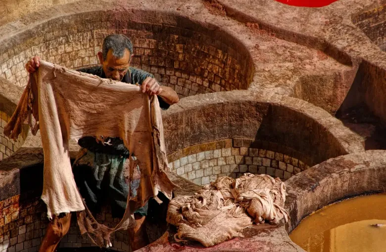 A tanner lifting a wet hide above the stone dye pits of the Chouara tannery in Fez.