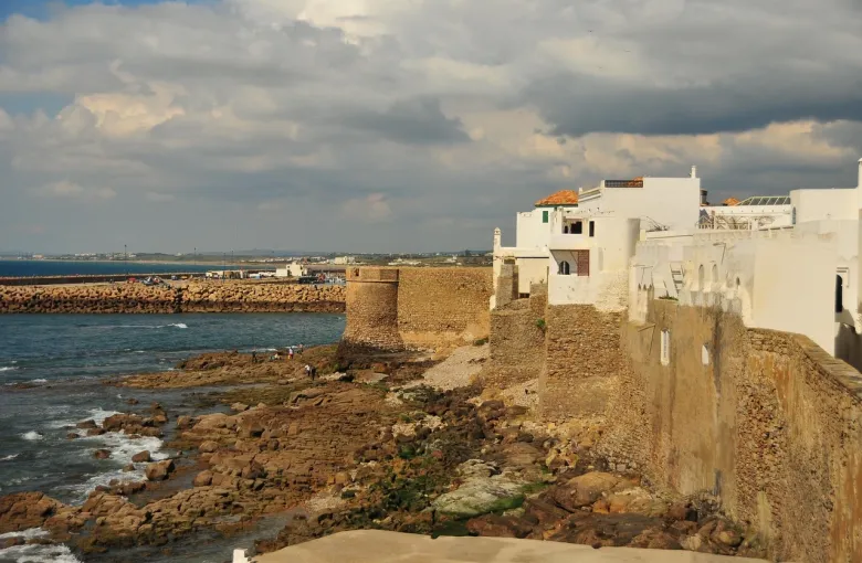 A whitewashed Moroccan town on ochre ramparts above a rocky Atlantic shoreline.