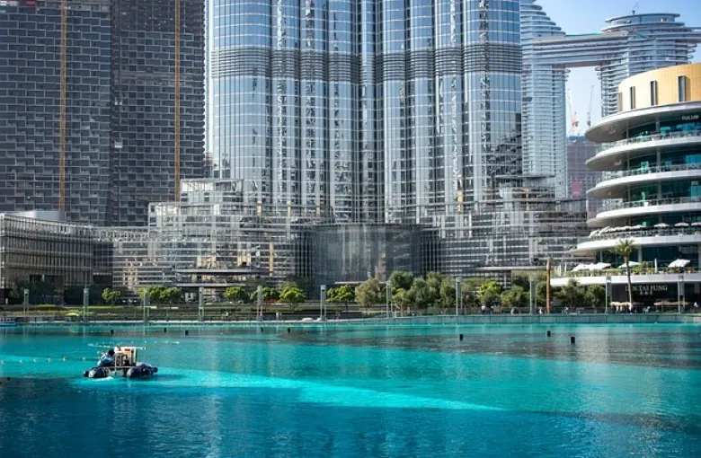 The fountain lake at the foot of the Burj Khalifa in Downtown Dubai.