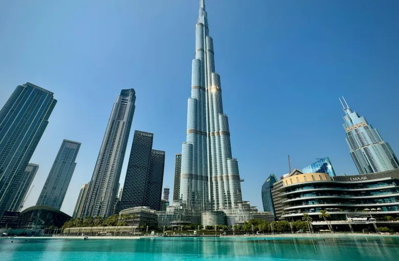 The Burj Khalifa rising above the fountain lake in Downtown Dubai.