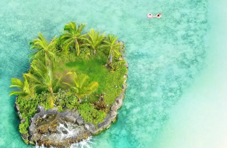 Aerial view of a lush green islet with palm trees in turquoise waters near Honolulu Hawaii with swimmers floating nearby