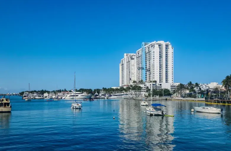 Miami Florida marina with sailboats and yachts anchored on calm blue water; luxury high-rise condominiums and palm trees i...